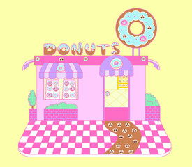 Vector illustration of a cute pink donut shop. Isolated on a yellow background. Eye-catching doughnut shop. Cute. Perfect for cards, album, notebook covers, magazine pictures, blogs, etc