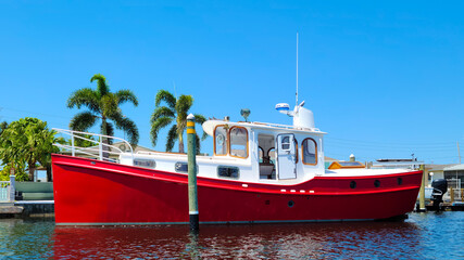 Red tug boat converted into a small yacht on the gulf coast of Florida Port Richey