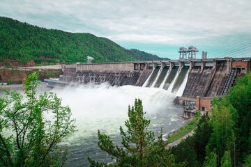 Water discharge at the Krasnoyarsk HPP in the spring.