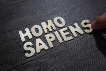 Homo Sapiens, text words typography written with wooden letter on black background, life and business motivational inspirational