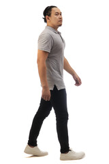 Asian man wearing grey shirt black denim and white shoes, walking forward, side view, happy confidence expression. Full body portrait isolated