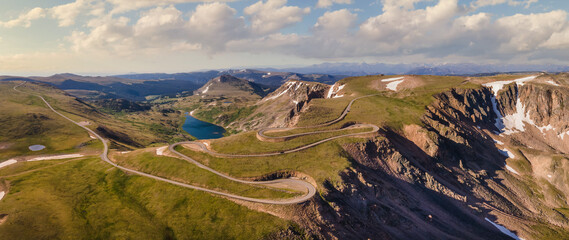 Beartooth Highway winding scenic drive - vista of the pass and Gardner Lake - obrazy, fototapety, plakaty