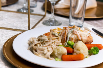Close up to a fancy dinner plate in a event
