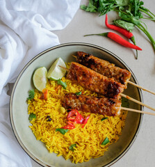 Delicious and healthy homemade meals / Turmeric Basmati with Tempeh Satay / Simple and easy to prepare light non meat meal for busy working people