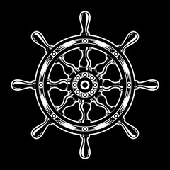 The steering wheel of the ship is stylish, a symbol of navigation, travel, adventure and new horizons on a black background in monochrome