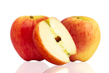 Two red apple whole and halves piece isolated on white background