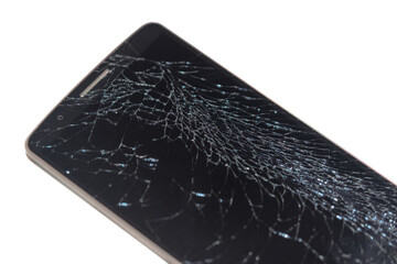 Destroyed cell phone smartphone with broken cracked screen