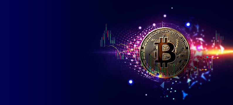 Bitcoin digital money levitates and graph, business banner on dark blue background - Bitcoin mining concept