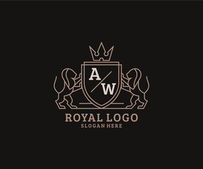 Initial AW Letter Lion Royal Luxury Logo template in vector art for Restaurant, Royalty, Boutique, Cafe, Hotel, Heraldic, Jewelry, Fashion and other vector illustration. - obrazy, fototapety, plakaty