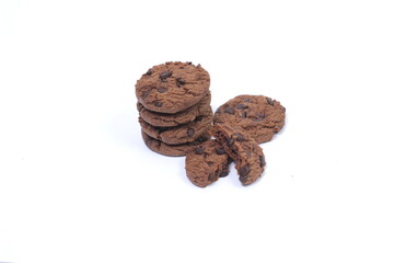 pile of choco chip cookies, delicious tasty on isolated white background