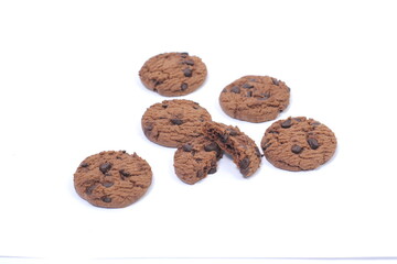 Spread of choco chip cookies, delicious tasty on isolated white background