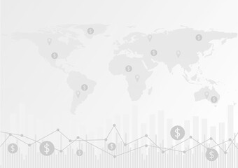 Business stick graph on world map background. Chart of global marketing investment trend vector illustration. White concept.