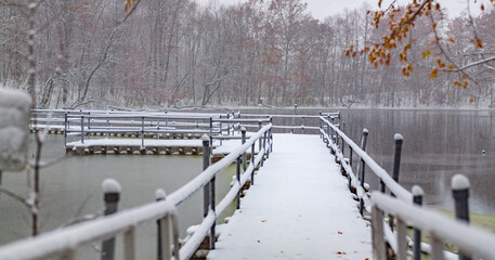 Bridge over lake in winter forest