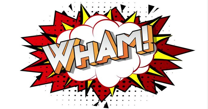 Comic lettering wham. 4k animated text with changing colors on comic book background. Retro pop art comic style social media post, motion poster.