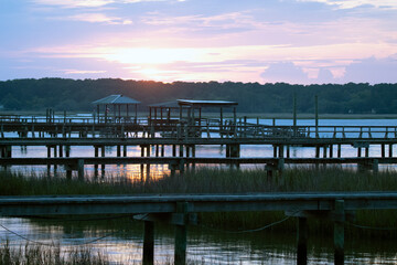 Sunset over docks on Southern salt marsh 3