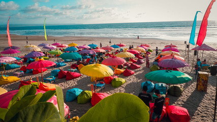 Beach Umbrellas View Of Double Six Beach, Seminyak, Bali, Indonesia.