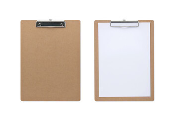 Top view closed up classic wooden clipboard isolated and white background with blank paper and...