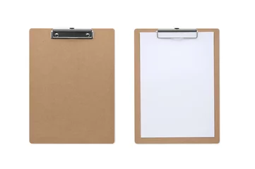 Foto op Plexiglas Top view closed up classic wooden clipboard isolated and white background with blank paper and clipping path © feeling lucky
