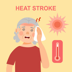 Senior old woman suffering from heat stroke symptom. She got dizziness and sweaty.
