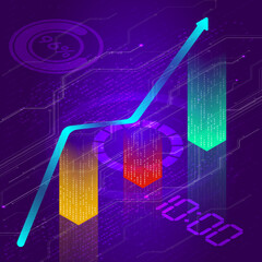 The histogram. Multi-colored graph on a purple background. Growing chart. Isometric illustration. Vector.