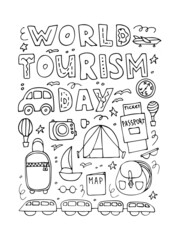 World tourism day, doodles. Hand drawn set of tourism elements. Card, poster, banner, background.