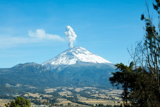 Popocatepetl, a Mexican active volcano near Mexico city. View from Amecameca.