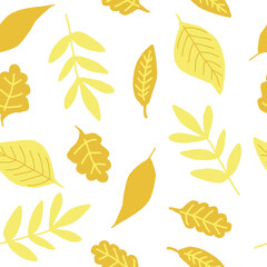 Fototapeta na wymiar autumn leaves seamless pattern in trending colors 2021. hand drawn doodle. vector, minimalism. textile, digital, wrapping paper, background. orange, yellow, gold