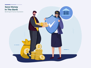 A businessman saving money investment in bank illustration concept