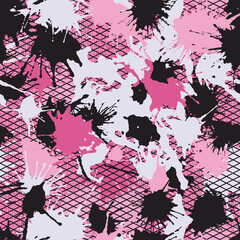 Grunge pink camouflage, modern fashion design. Camo pattern, fashionable fabric. Vector seamless lattice texture. Hand drawn blots background. 