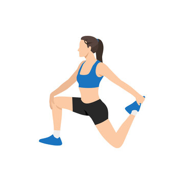 Woman Doing Kneeling Quad Stretch Exercise. Flat Vector Illustration Isolated On White Background