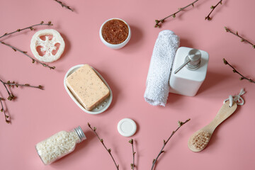 Fototapeta na wymiar Spa composition with bath accessories for body care flat lay.