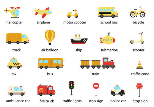 Set of transportation means with names. Vector illustrations.
