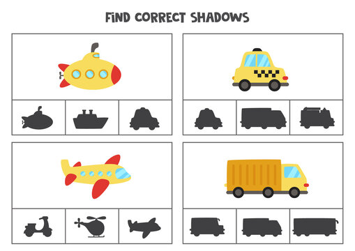 Find correct shadow of transportation means. Printable clip card games for children.
