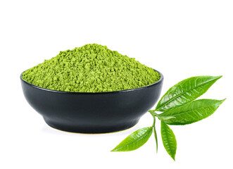powder green tea and green tea leaf isolated on white background