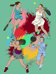 Vector illustration of many action female tennis ball players for illustrative purposes.
