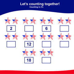 American Independence Day counting game for Preschool Children. This worksheet is suitable for educating early age children to count multiples of two. Educational printable math worksheet. Additional 