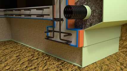 house foundation drain system, industrial 3D rendering - obrazy, fototapety, plakaty