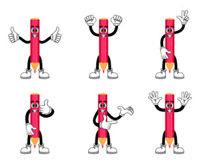 Mascot colorful pencil cartoon characters standing and doing different actions with cheerful expression isolated
