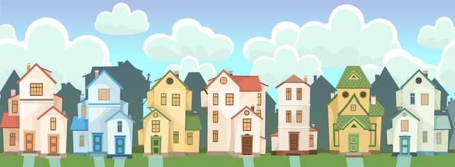 Street. Cartoon houses with clouds. Village or town. A beautiful, cozy country house in a traditional European style. Nice funny home. Rural building. Vector