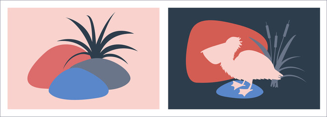 Abstract landscape posters set.  Pelican stones wildlife. Vector illustration isolated flat style.