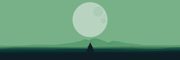 moonrise with a tree in green mountain landscape vector illustration for wallpaper, background, design template, tourism design template, and web banner