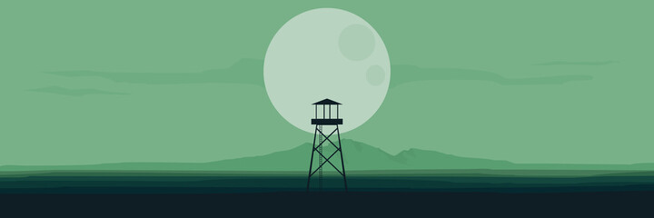 watch tower in green mountain scenery flat design vector illustration for wallpaper, background, design template, tourism design template, and adventure design template