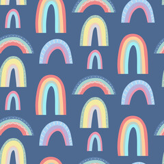 Cute childish pattern with different rainbows on dark blue background. Vector natural texture. Gentle sky wallpaper. Multicolored arcs of natural phenomena with decoration