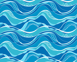 Seamless pattern with blue and turquoise waves with white tribal pattern. Water surface. Vector texture of the ocean and rivers. Wallpaper with a sea ornament. Summer beach fabric with boho decoration