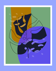 Linear tropical monstera leaf on an abstract background with black accents. Modern art, interior paintings, postcards. Boho style. Vector illustration.