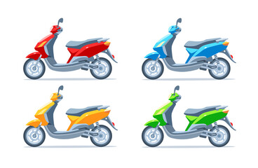 Scooter, motor scooter, motorcycle of different colors on a white background. Yellow, red, green, blue. Set. Vector flat illustration