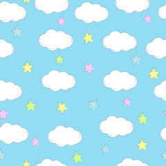 Vector clouds and stars seamless pattern. Cute clouds seamless pattern, cartoon background with star dots, vector illustration