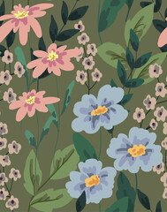 Seamless pattern with a flowering meadow. Large buds of various flowers, leaves, herbs grow on a green field. Cute floral baby print. Vector.