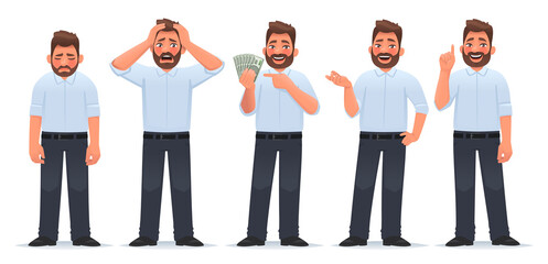 Businessman character set. Guy in different actions. The man is tired, he is in shock, holds money in his hands, says - 437644721