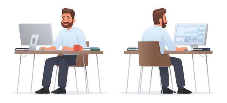 Happy businessman is sitting at desktop. Work the computer, financial analytics. Office worker or company employee. Front and back side